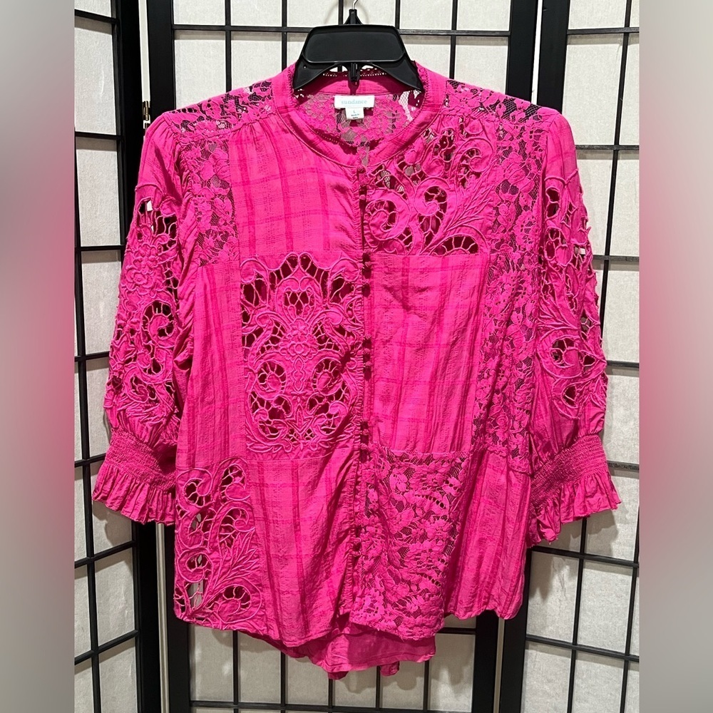Sundance Fuchsia GARBON Lace Blouse TUNIC, BOHEMIAN DESIGN, 3/4 SLEEVES SIZE L